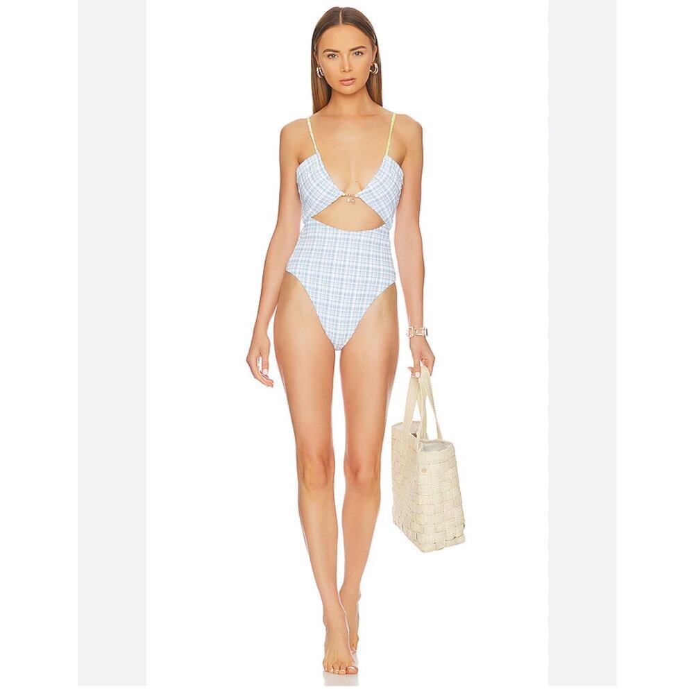 L*Space Seersucker Cut Out One Piece Swimsuit Powder Blue Size S NWT